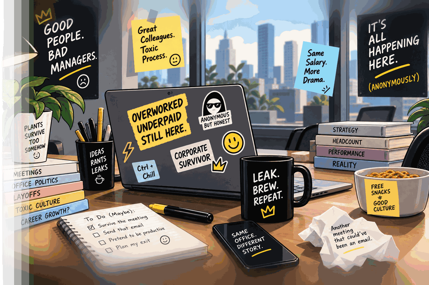 A messy office desk: a laptop covered in stickers reading
                Overworked, Underpaid, Still Here and Corporate Survivor, a
                black mug saying Leak Brew Repeat, sticky notes about toxic
                culture, layoffs and free snacks, a notebook reading another
                meeting that could have been an email, and a city skyline
                through the window.